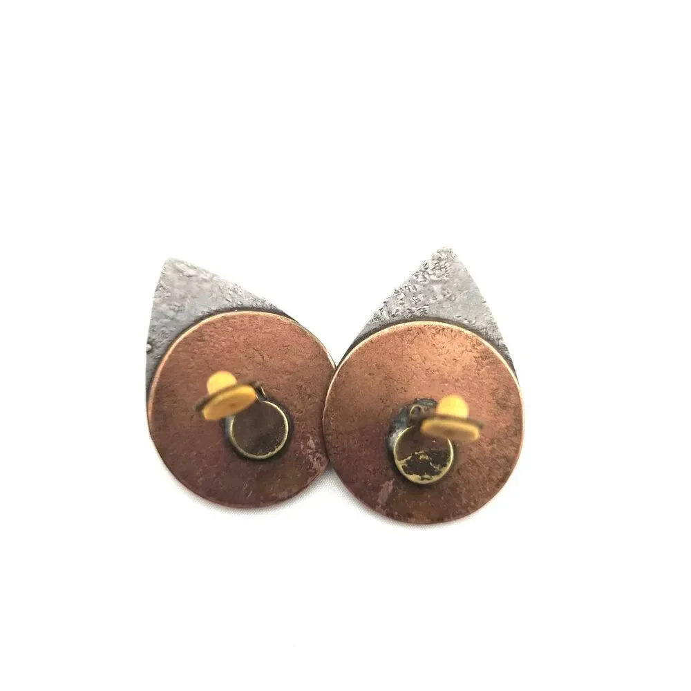 Vintage 80's Modernist Clip On Earrings Mixed Metal Copper Silver Tone Textured